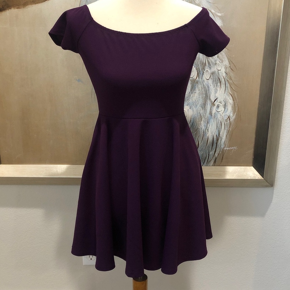 Windsor Deep Plum Off-Shoulder Fit & Flare Mini Dress With Front Pockets